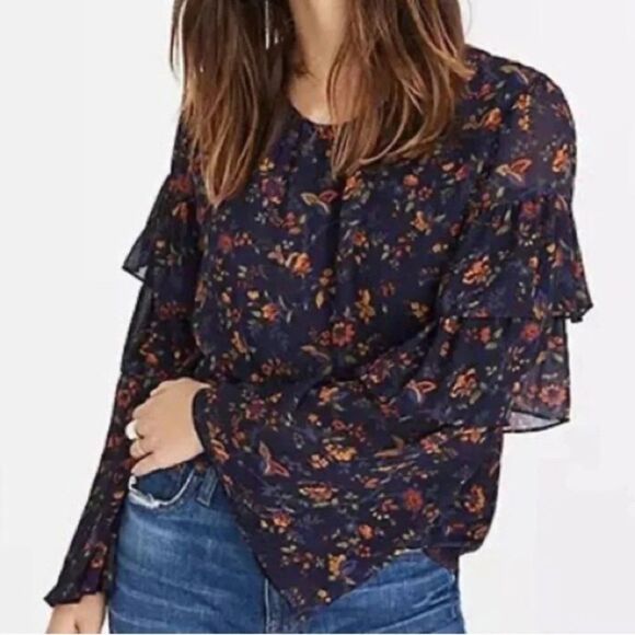 Madewell Floral Blouse - Navy and Orange - Picture 2 of 5